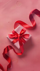 Elegant Pink Gift Box with Ribbon Against Red Background