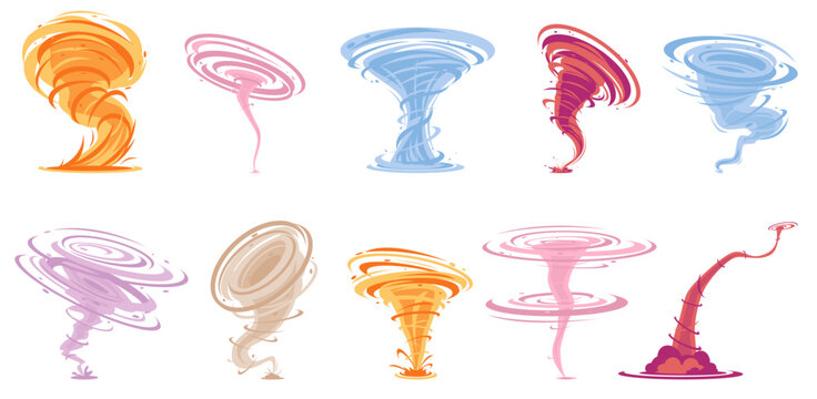 Color tornadoes. Twisted winds effects. Storm swirl airs. Dangerous natural twister. Climate phenomenon. Cartoon vortexes and spiral typhoons. Magic bright whirlwind funnels vector set