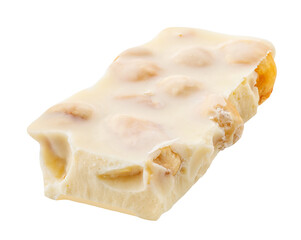 White chocolate bar with pieces isolated on white background. Hazel nuts white Chocolate Top view, flat lay.