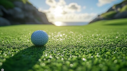 Golf player making a perfect putt shot, ball rolling toward the hole, green field.