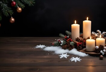 Cozy Christmas table setup with candles, pinecones, and seasonal greenery, perfect for festive product presentations in a warm and inviting winter ambiance