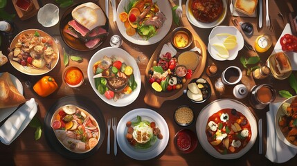 A vibrant spread of diverse culinary dishes arranged on a rustic wooden table for a festive gathering