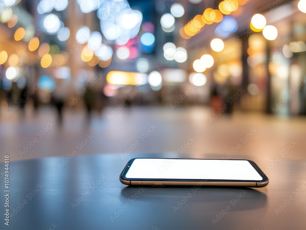 Poster smartphone on table with soft blurred background