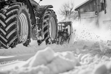 A tractor with a large snow plow attachment pushing through deep snow.