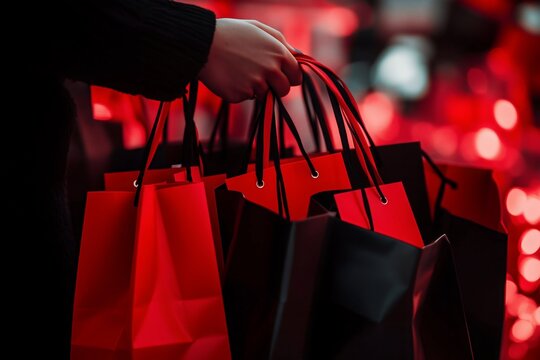 Close-up of a hand holding multiple red and black shopping bags against a blurred, vibrant background, conveying the excitement of holiday shopping and consumerism