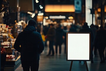 Blank white signboard on an easel in a busy, dimly lit indoor market or shopping mall. Shoppers browse nearby stalls, while warm ambient lighting highlights the bustling retail environment