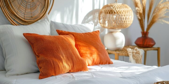 The bedroom exudes a warm, luxurious atmosphere with the bright sunlight streaming in. The focus is on the inviting bed with its orange pillows that contrast beautifully with the modern decor.