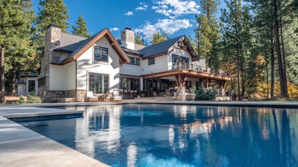 Fototapeta premium Beautiful outdoor scene of a luxury home with white and wood features, a crystal-clear pool, and towering pines under a bright blue sky