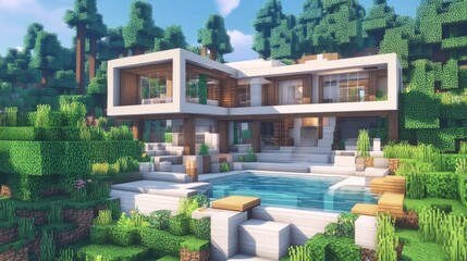 Fototapeta premium Daytime scene of a modern, white and wooden house with a pool, surrounded by lush pines and landscaped gardens