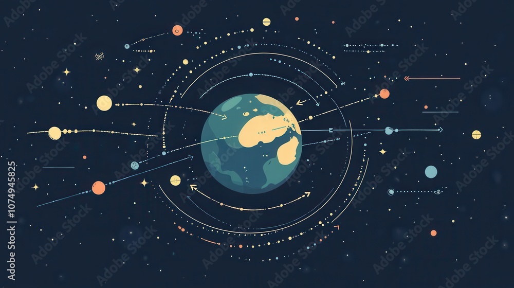 Poster Infographic showing the solar system's orbits and positions, featuring Earth at the center and highlighting spatial relationships