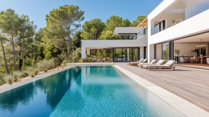 Daytime view of a white and wooden luxury home with a spacious swimming pool, surrounded by pine trees and minimalistic landscaping