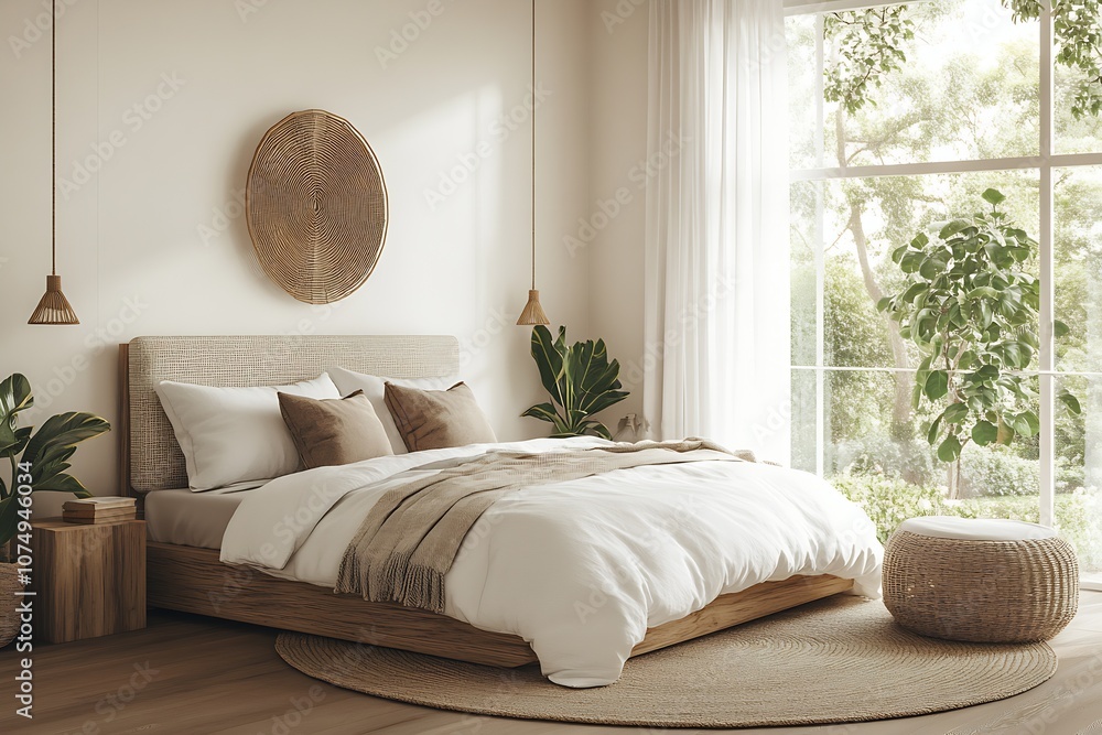 Poster modern scandinavian minimalist bedroom with natural tones and large window : generative ai