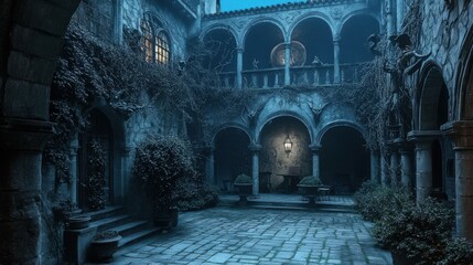 Obraz premium Spooky courtyard illuminated by moonlight in Dracula's castle evokes an eerie atmosphere with ivy-covered stone walls