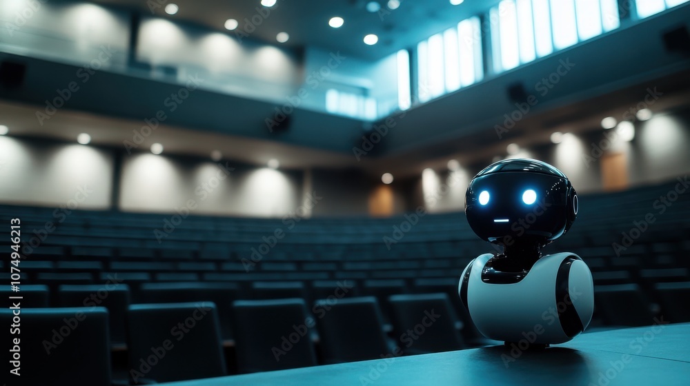 Aufkleber an illuminated auditorium featuring a small robot seated at a table while the lights create a warm a