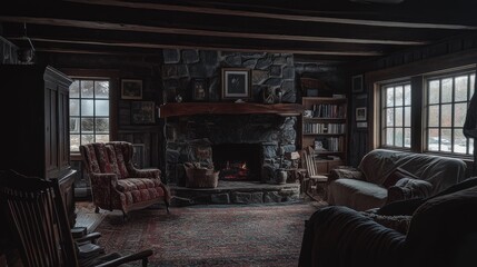 Fototapeta premium Cozy Cabin Interior with Stone Fireplace and Warm Lighting