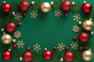 Obraz premium Red and gold Christmas ornaments arranged around a green background