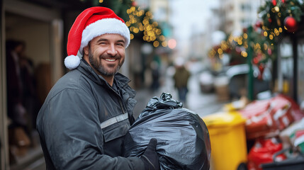 Obraz premium realistic portrait of a garbage collector wearing a bright Santa hat, smiling as he holds a trash bag, against a backdrop of a residential street with Christmas decorations.