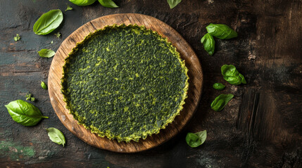 Rustic spinach tart on wooden board with fresh basil leaves