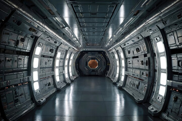 Fototapeta premium Futuristic Spaceship Corridor with Starry View Through Windows