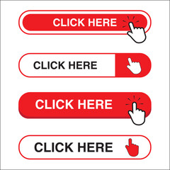 White and red click here button with a hand clicking on a white background