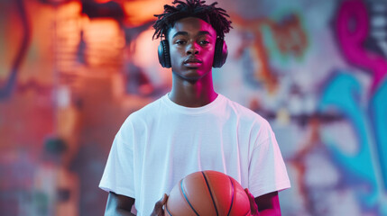 Teen listening to music and holding basketball in urban graffiti setting
