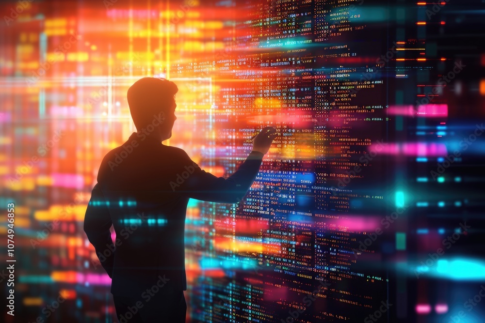 Aufkleber man in black suit examining colorful digital display screens. focus on technology advancement and da