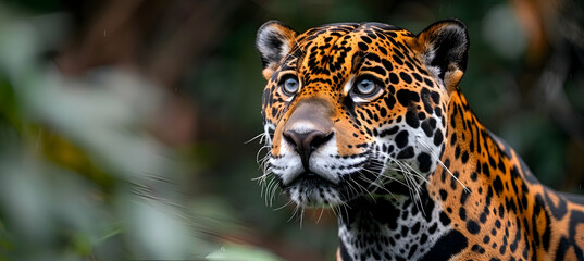 Fototapeta premium Close-up of an Amazon Jaguar's face, showcasing its piercing eyes and intricate fur patterns with blurred jungle foliage in the background