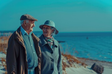 Elderly couple on beach walkway, enjoying time together near the water. Gentle and leisurely outdoor activity during sunset or twilight.
