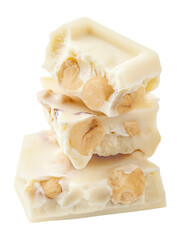 White chocolate bar with pieces isolated on white background. Hazelnuts white Chocolate in a stack close up.