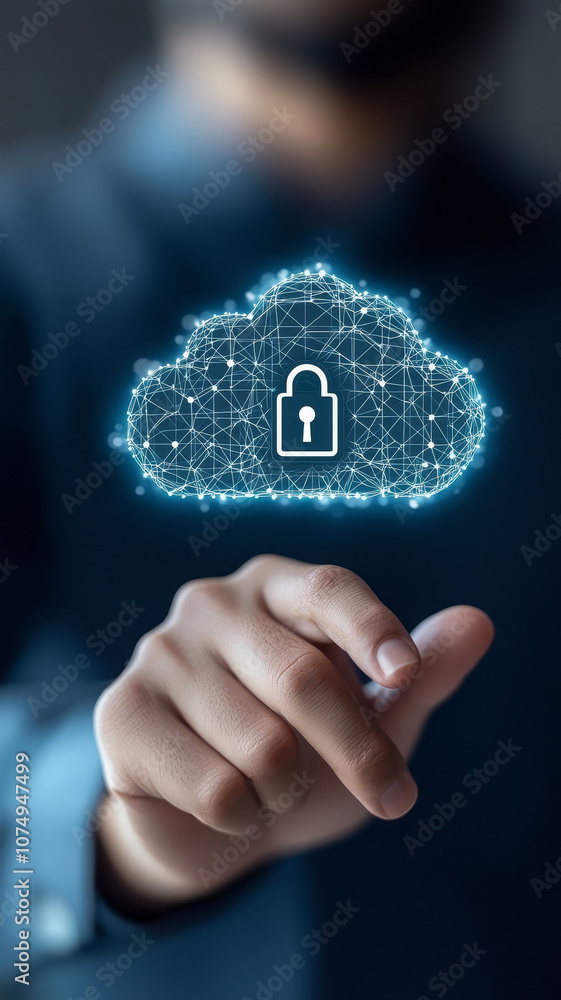 Poster digital hand pressing lock button over cloud, symbolizing cloud security and data protection. this i