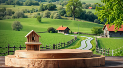 podium made of wooden rustic against a green farm background for product presentation. Mockup platform with a village house and a road.