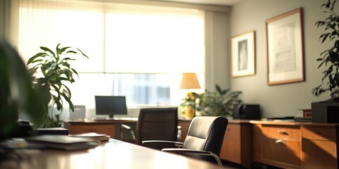 Fototapeta premium A well-lit and organized professional business environment with modern furniture and a conference table.