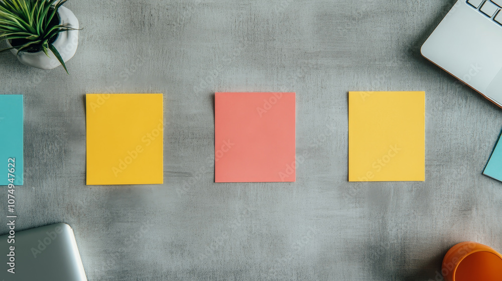 Poster creative brainstorming with colorful sticky notes on textured surface, showcasing vibrant workspace.