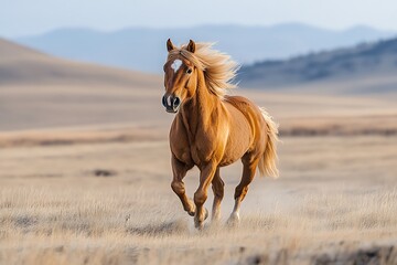 Obraz premium A chestnut horse with a white blaze on its face gallops across a field with its mane flowing in the wind.