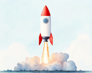 A watercolor illustration of rocket launching, showcasing determination and adventure. vibrant colors and soft clouds create an inspiring scene of exploration