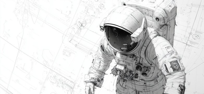 Astronaut in space suit, detailed technical drawing background, monochrome design