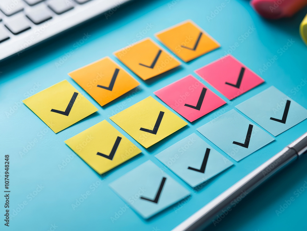 Poster close up of colorful sticky note checklist with completed tasks, showcasing vibrant arrangement of c