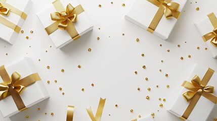 A 3D model of Christmas gifts with golden ribbons, placed on a pristine white backdrop.