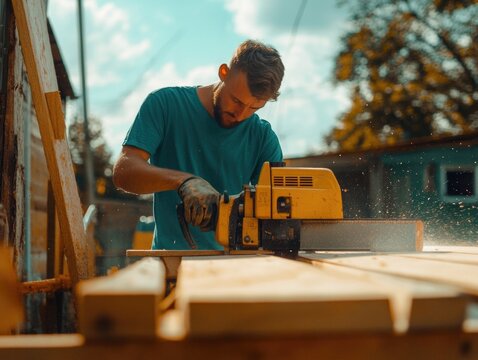 A carpenter in a blue shirt using hand saw and power tool to create wooden construction.