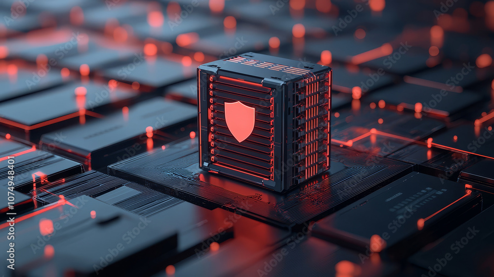 Poster digital representation of secure storage chamber, featuring shield symbol, surrounded by network of 