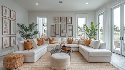 A modern living room with a white sectional sofa, a coffee table, and a rug. There are large windows with a view of a garden, and a gallery wall of framed prints.