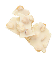 White chocolate bar with pieces isolated on white background. Hazel nuts white Chocolate Top view, flat lay.