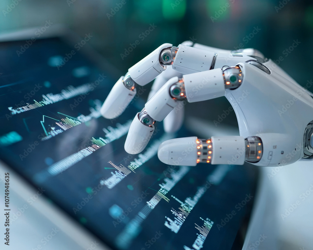 Poster a futuristic robotic hand is typing on digital screen, showcasing advanced technology and precision 