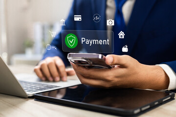 Digital Banking and Online Payment Concept. Man using mobile phone for transactions and online shopping, E-transaction and financial technology modern online shopping experience, Online purchase.