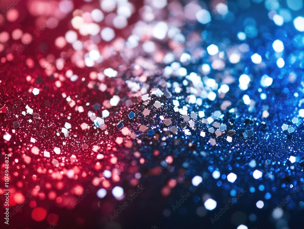 Poster Glittery particles of red white and blue confetti in a shallow depth of field bokeh effect