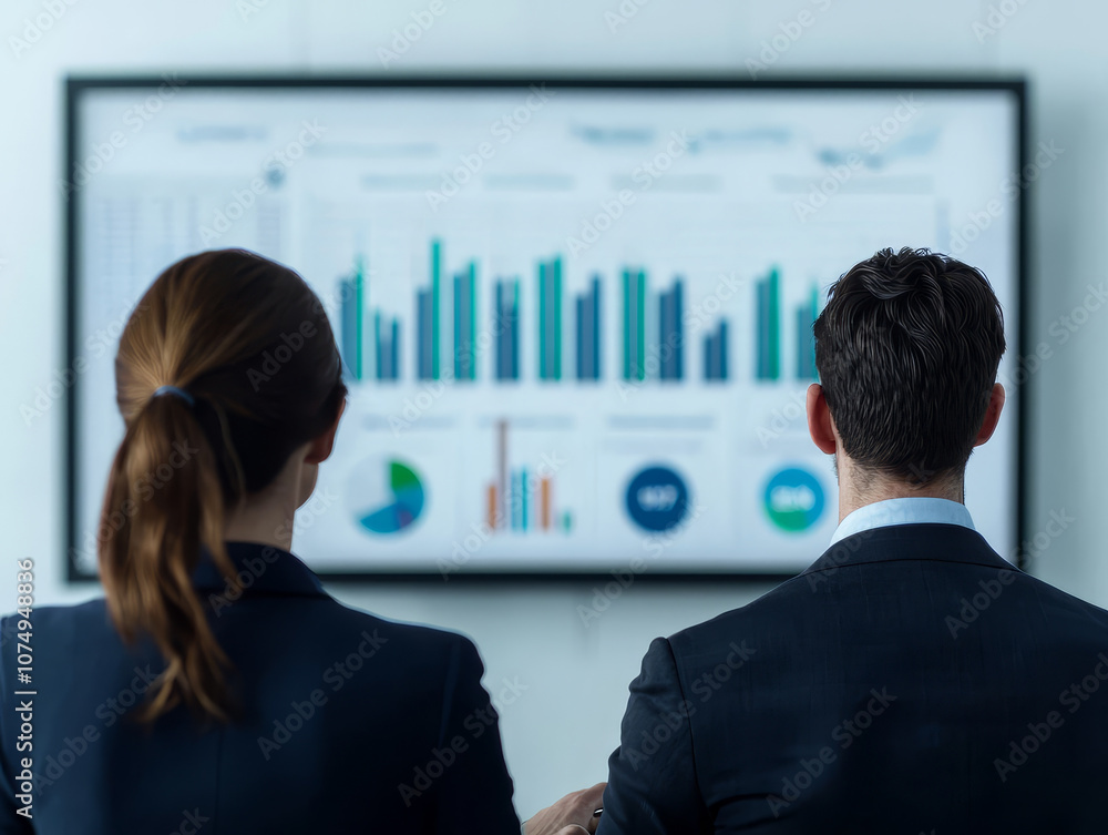Poster business professionals analyze data and graphs displayed on screen, showcasing teamwork and strategi