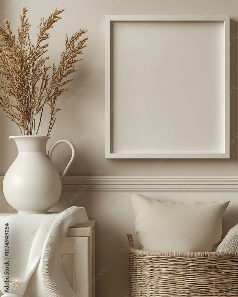 Poster minimalist rustic interior design with wicker basket and neutral tones : generative ai