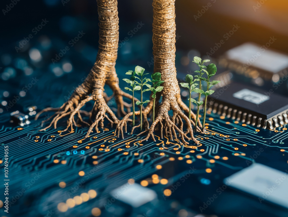 Aufkleber image depicts tree roots growing into digital circuit board, symbolizing connection between nature a