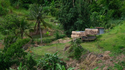 Wooden hut in Bangkama Valley, Ratchaburi, wonderful landscape in Thailand.