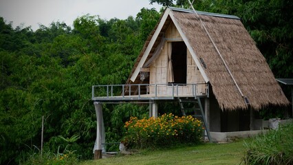Wooden hut in Bangkama Valley, Ratchaburi, wonderful landscape in Thailand.